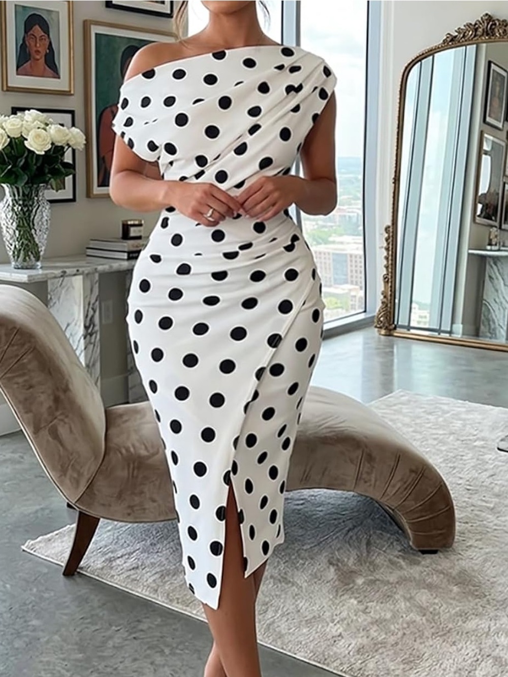 Polka Dot One-Shoulder White & Black Midi Dress - NWOT - M